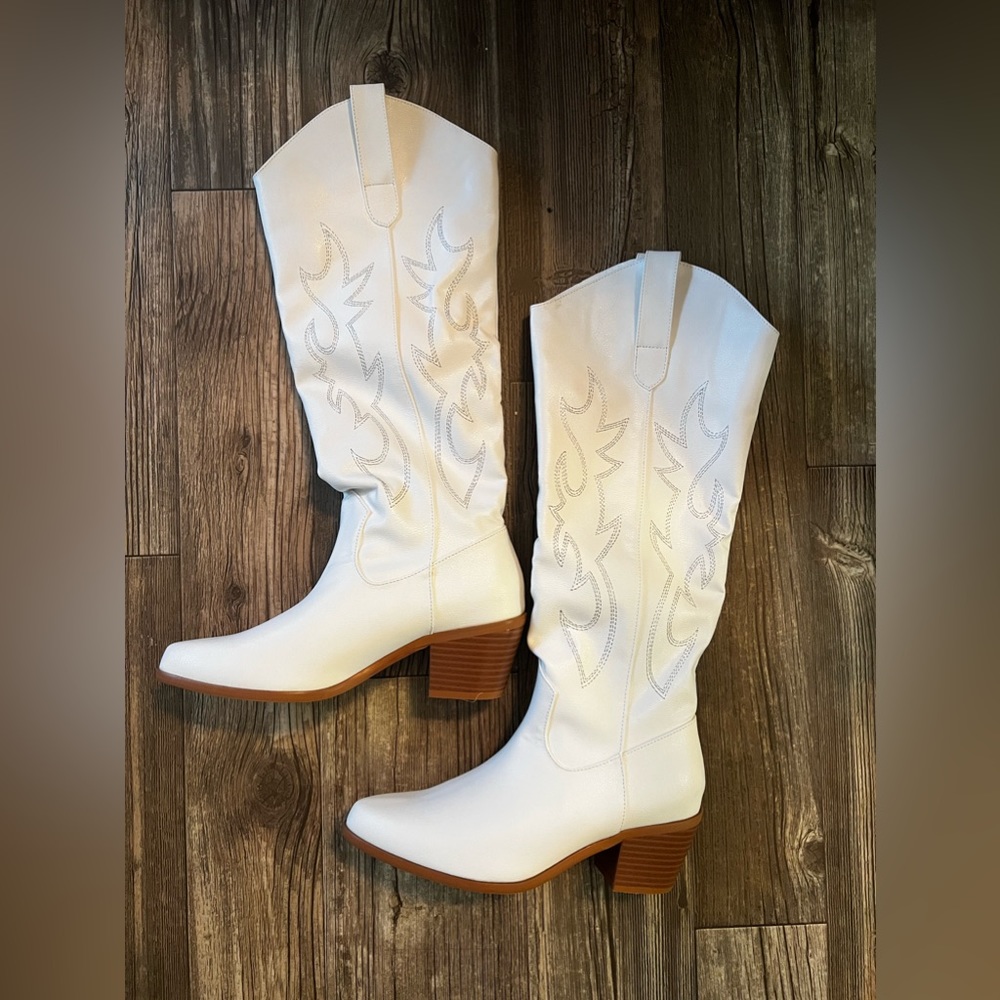 White Knee High Western Boots